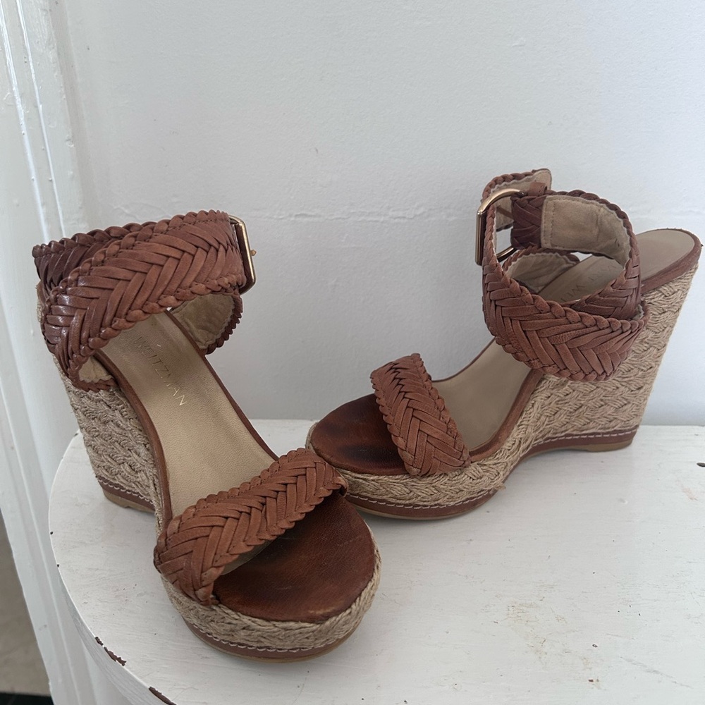 Stuart Weitzman Elixir Tan Leather Braided Wedges